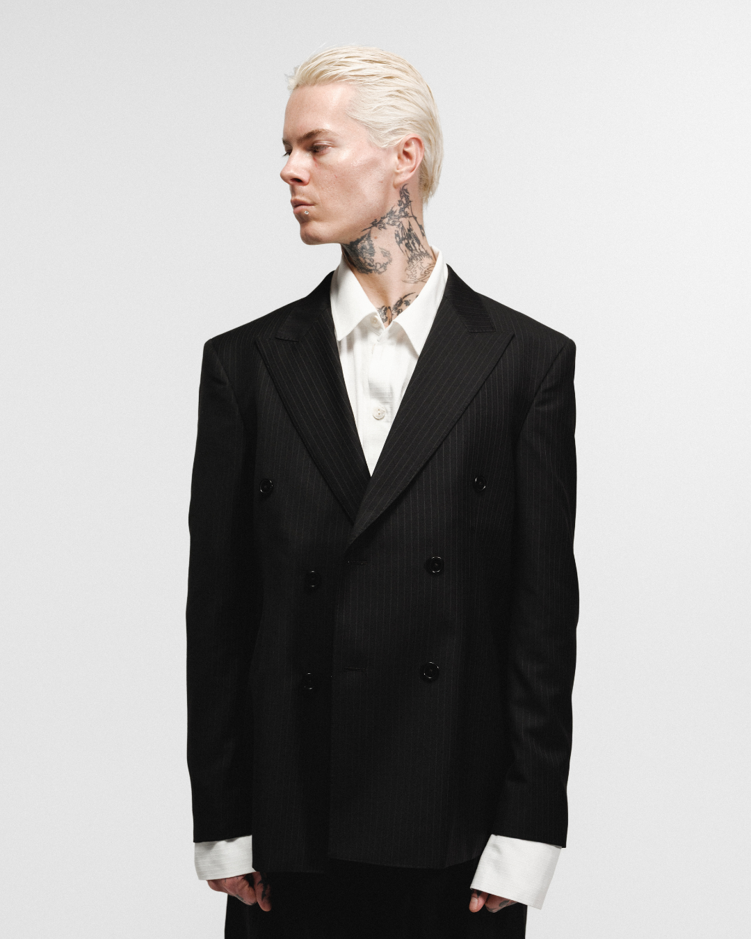 Double Breasted Wool Pinstripe Blazer - Midnight
