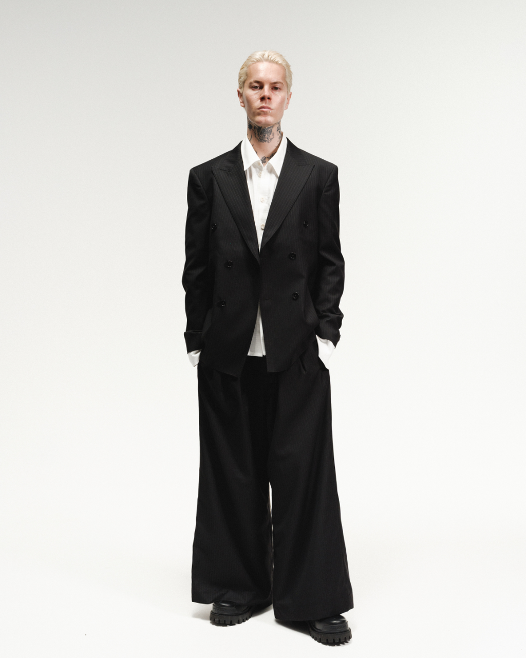 Double Breasted Wool Pinstripe Blazer - Midnight